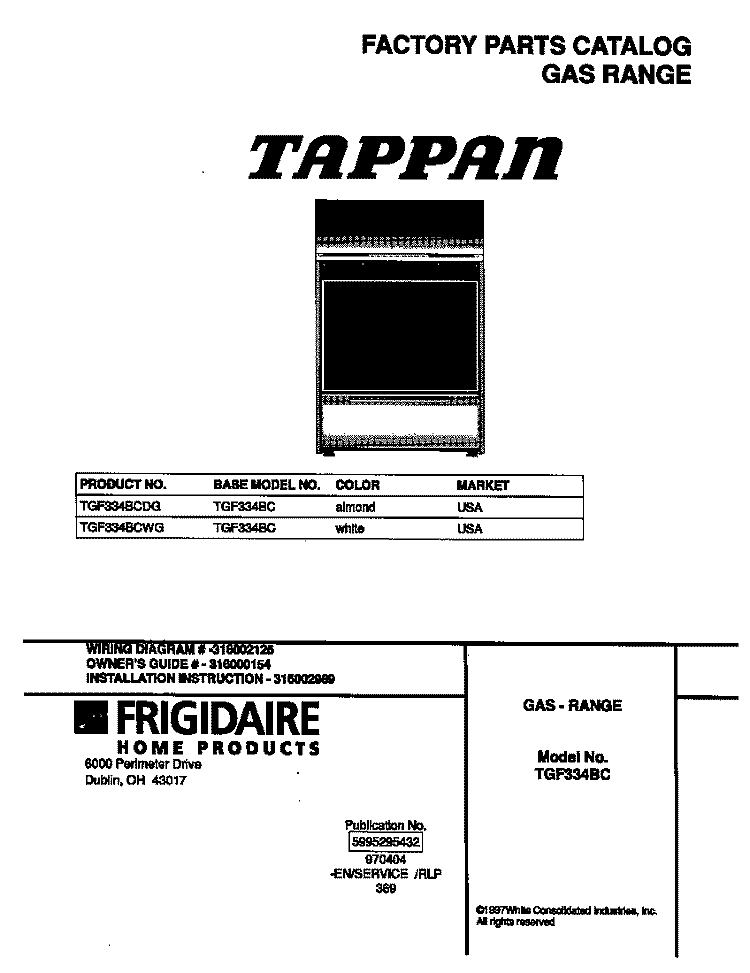 COVER Diagram and Parts List for TGF334BCDG  Tappan Range