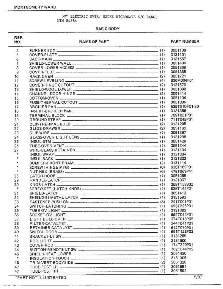 Basic Body Page 2 Diagram and Parts List for 8488A  Frigidaire Range