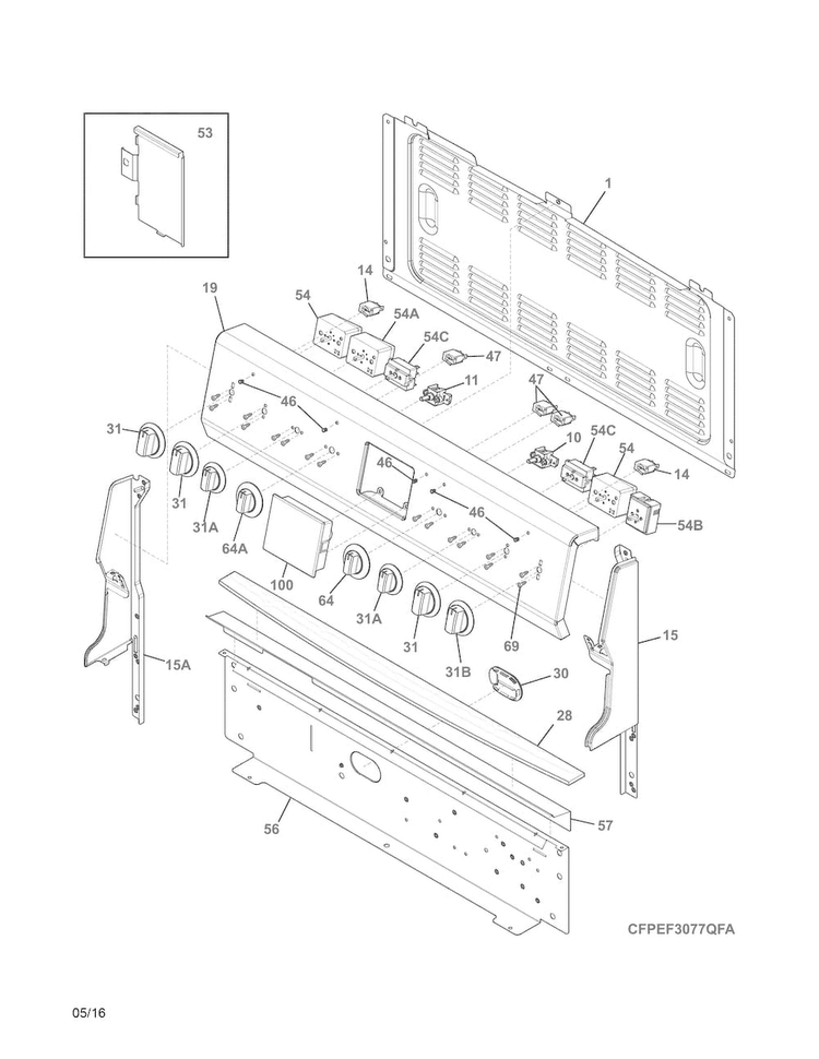 Backguard Diagram and Parts List for FPEF3077QFA  Frigidaire Range