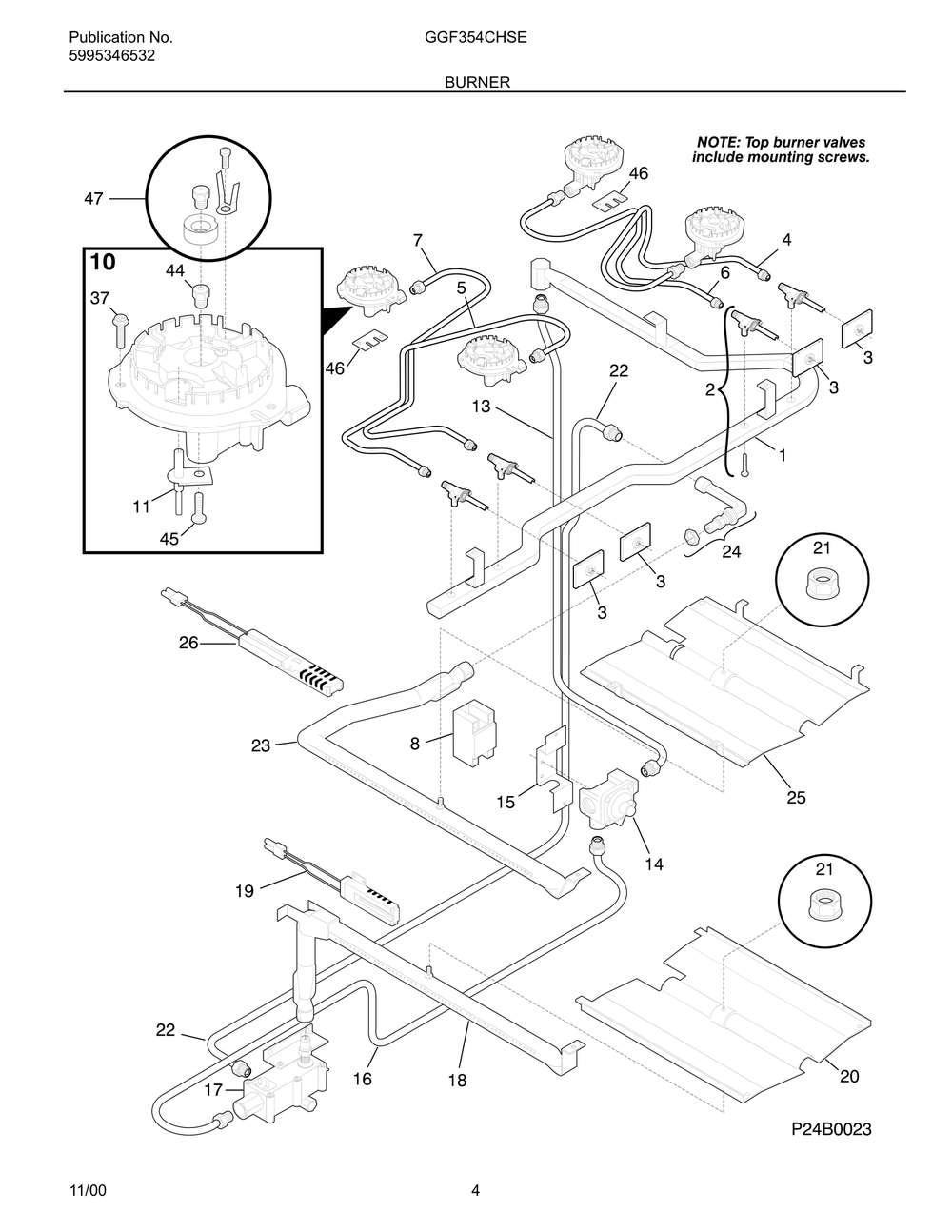 Burner Diagram and Parts List for GGF354CGSE  Frigidaire Range