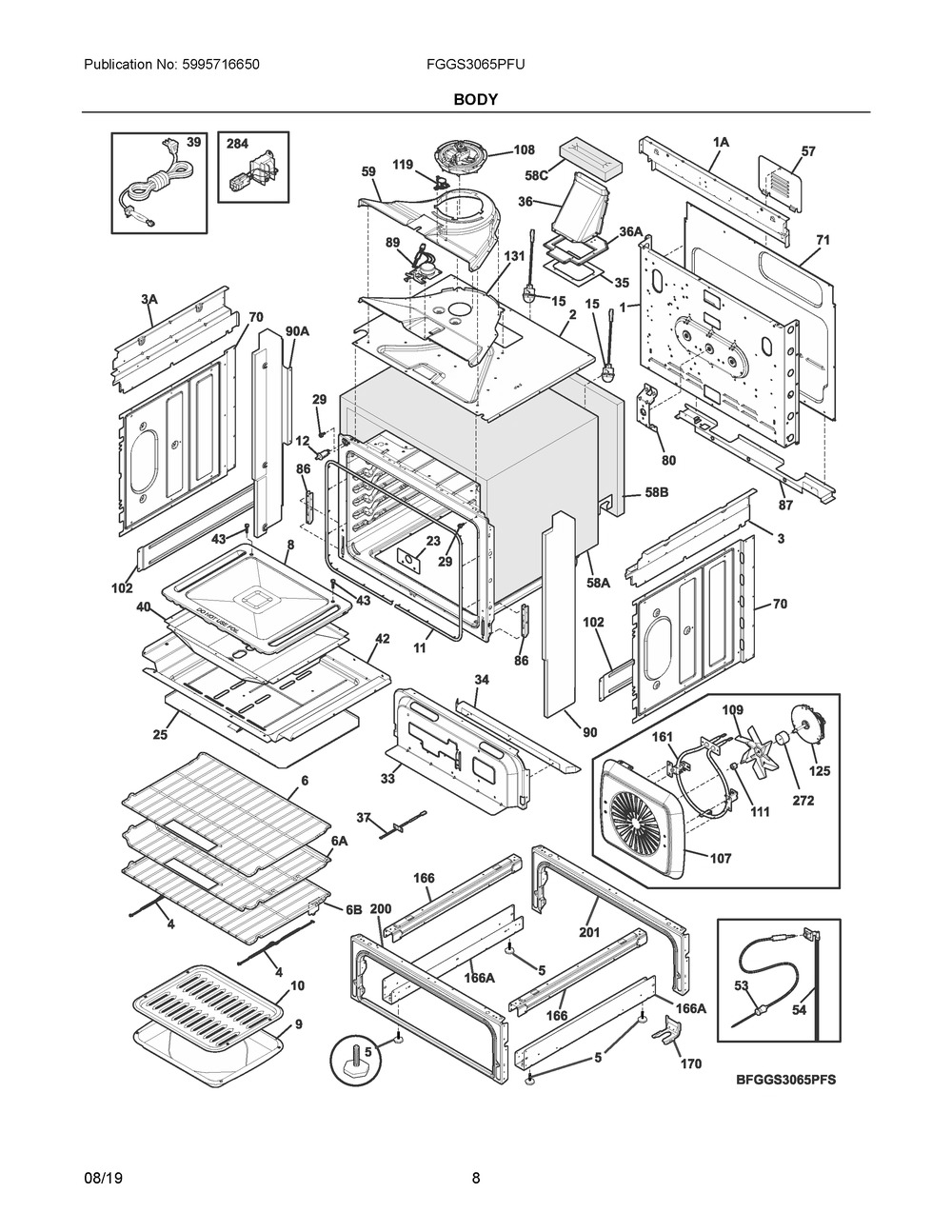 Body Diagram and Parts List for FGGS3065PFU  Frigidaire Range