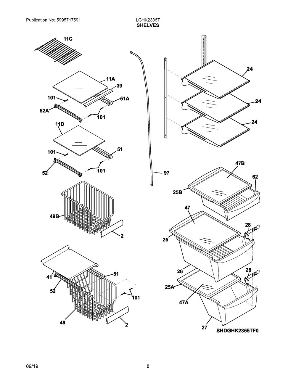 Shelves Diagram and Parts List for LGHK2336TD6  Frigidaire Refrigerator