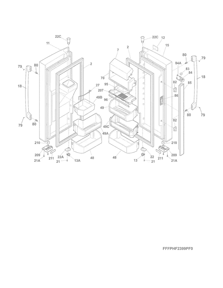 Fresh Food Doors Diagram and Parts List for FPHF2399PF5  Frigidaire Refrigerator