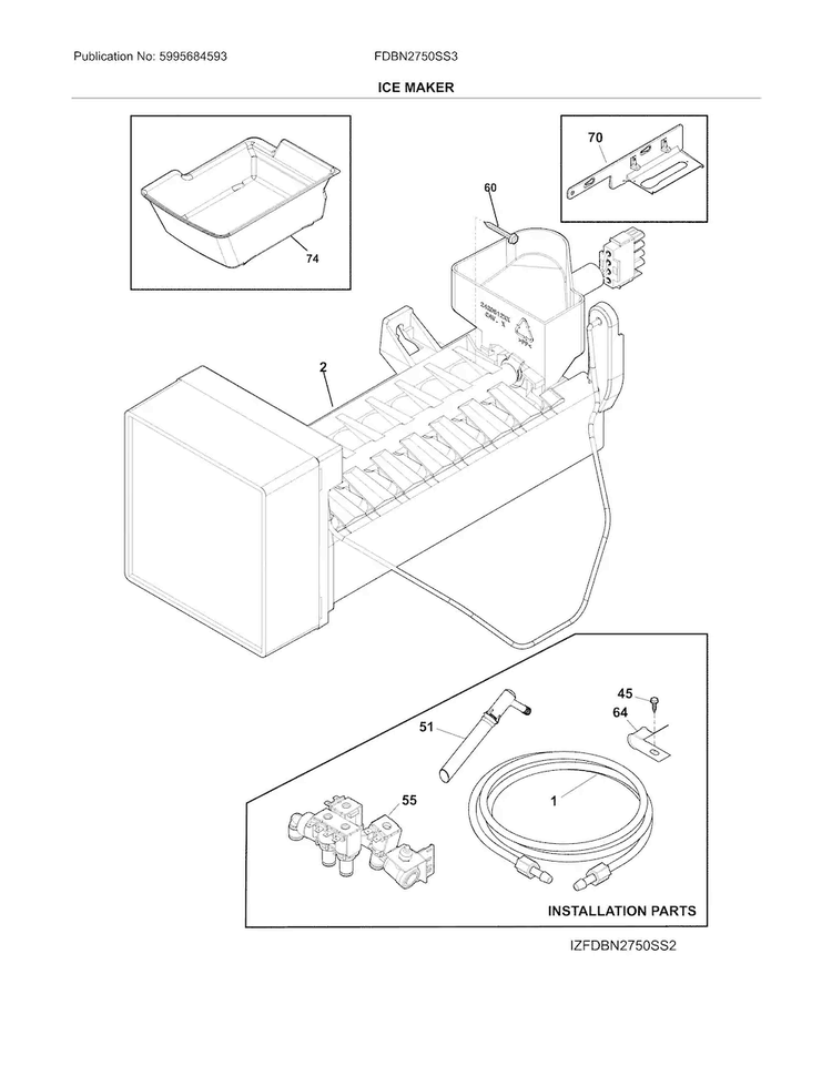 Ice Maker Diagram and Parts List for FDBN2750SS3  Frigidaire Refrigerator