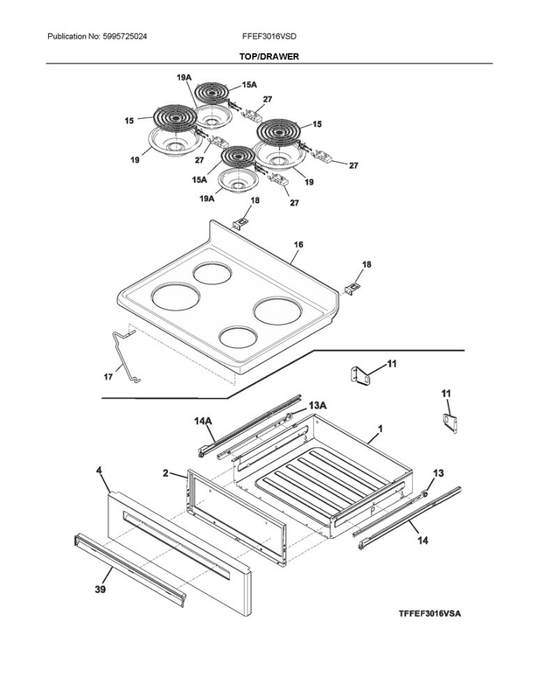 Top/Drawer Diagram and Parts List for FFEF3016VSD  Frigidaire Range