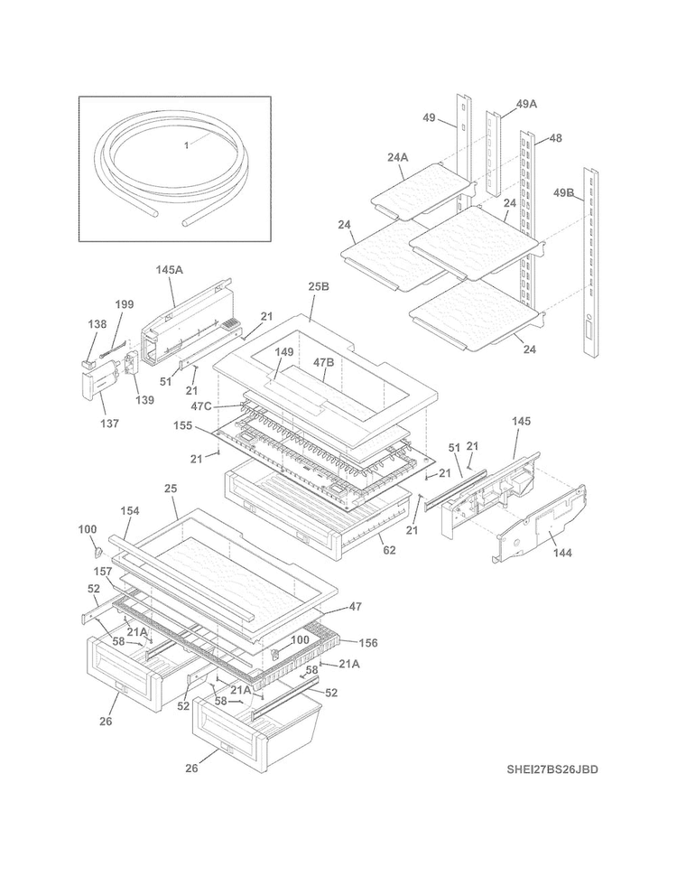 Shelves Diagram and Parts List for EI27BS26JWD  Electrolux Refrigerator