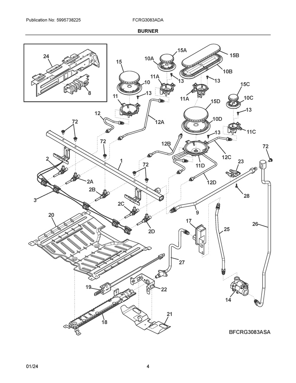Burner Diagram and Parts List for FCRG3083ADA  Frigidaire Range
