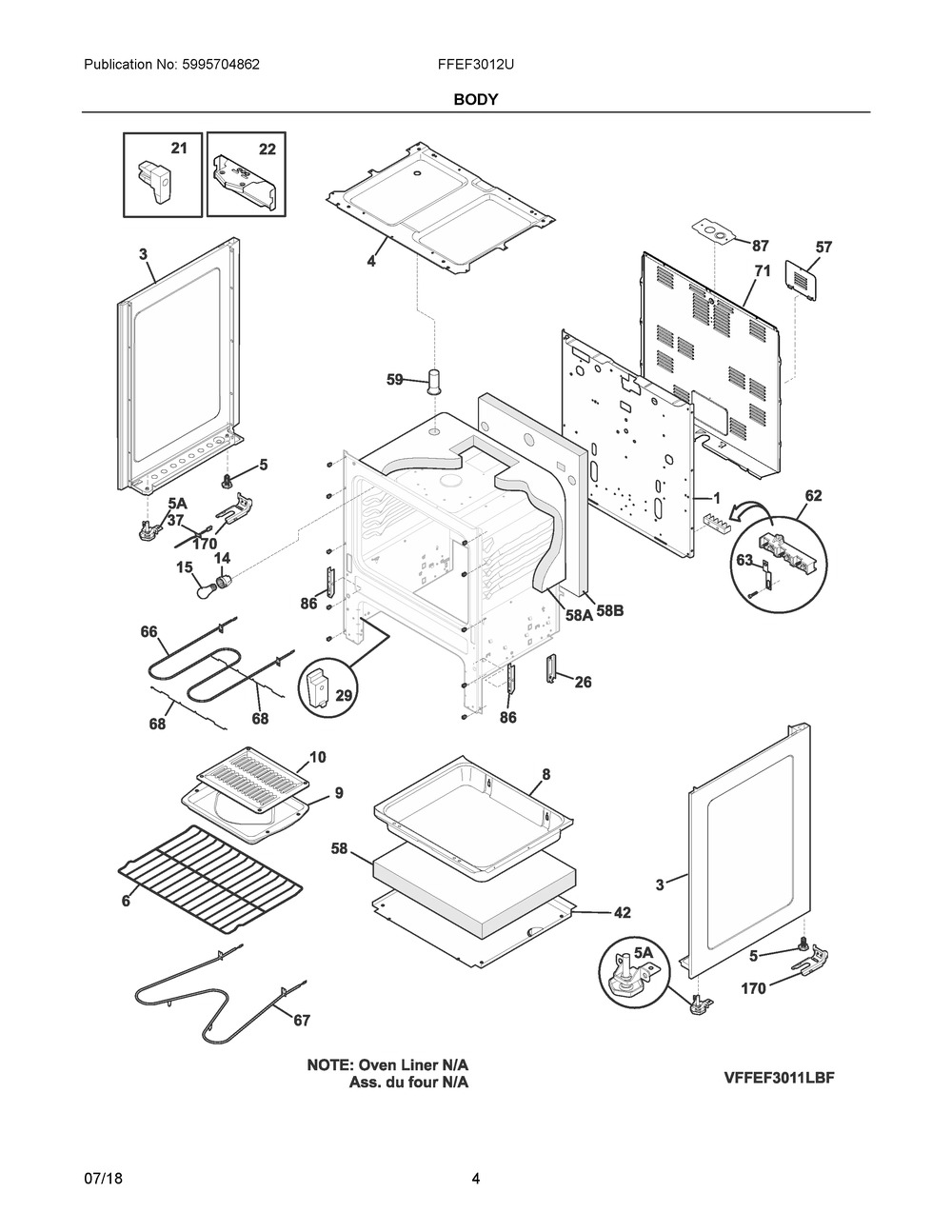 Body Diagram and Parts List for FFEF3012UBA  Frigidaire Range