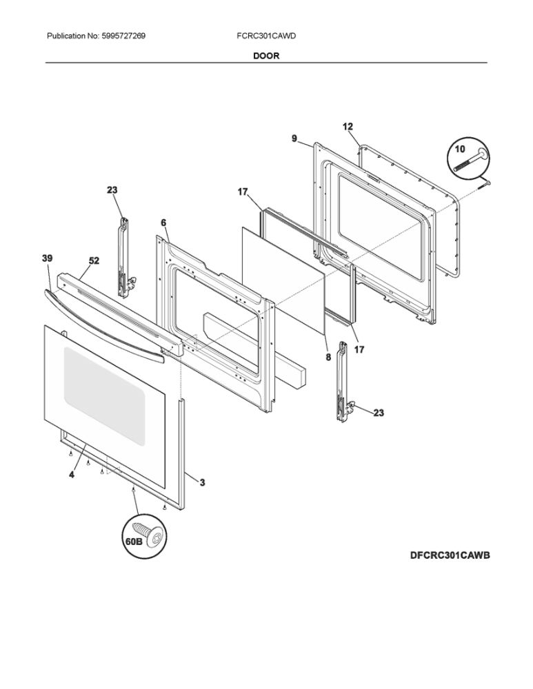 Door Diagram and Parts List for FCRC301CAWD  Frigidaire Range