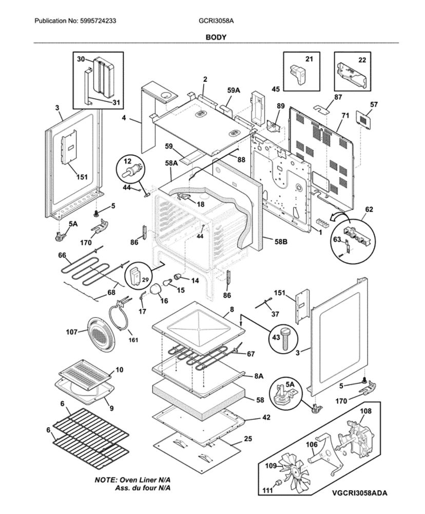 Body Diagram and Parts List for GCRI3058AFC  Frigidaire Range