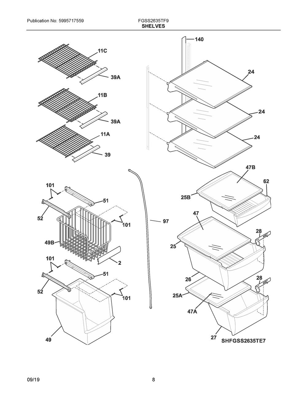 Shelves Diagram and Parts List for FGSS2635TF9  Frigidaire Refrigerator