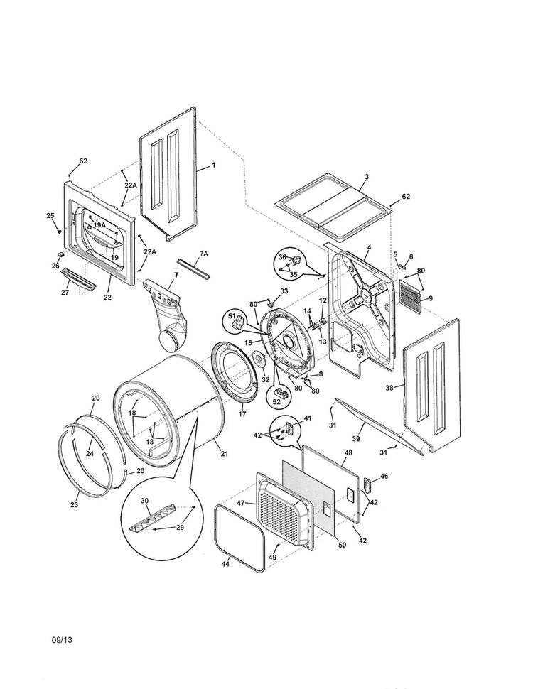 Upper Cabinet/drum Heater Diagram and Parts List for FFLE2022MW2  Frigidaire Washer Dryer Combo