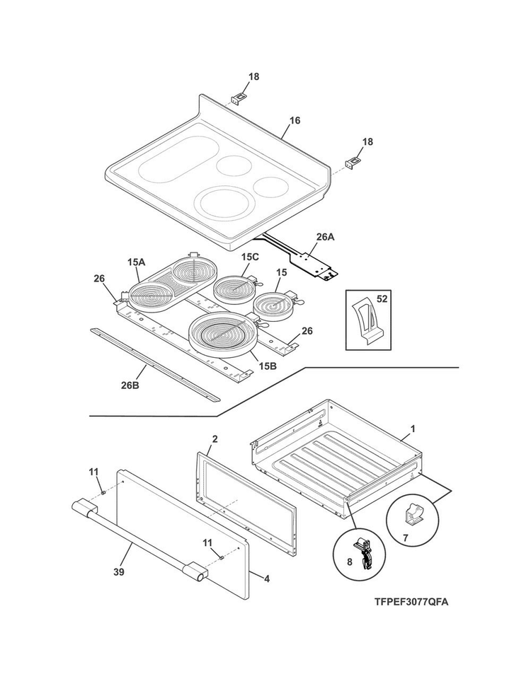 Top/drawer Diagram and Parts List for CPEF3077QFA  Frigidaire Range