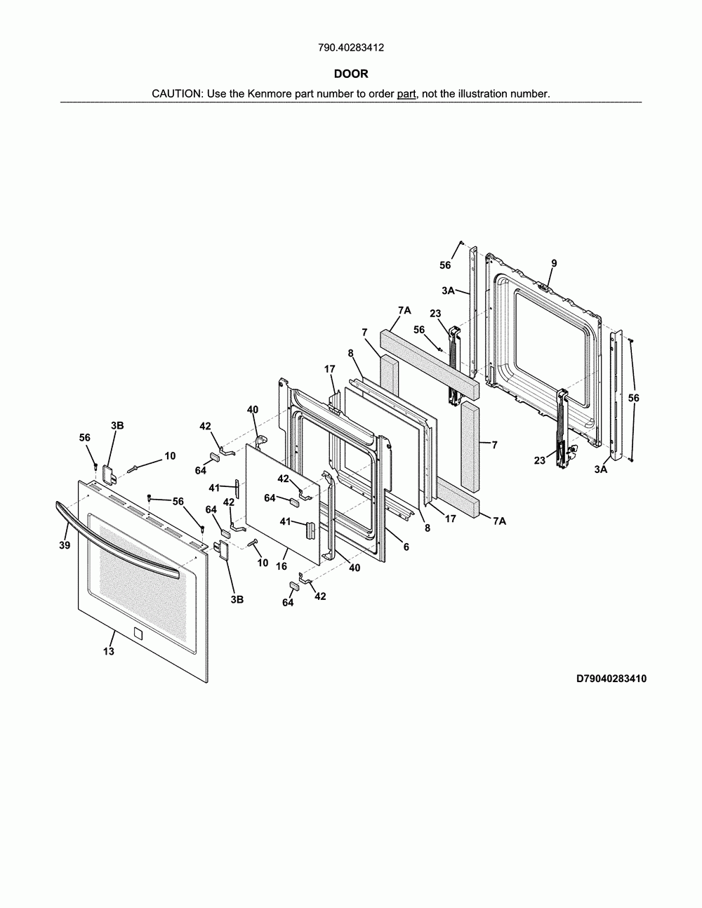 Door Diagram and Parts List for 79040283412  Kenmore Wall Oven