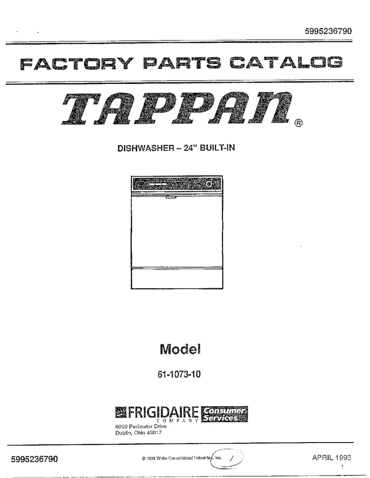 Cover Diagram and Parts List for 61-1073-10  Frigidaire Dishwasher