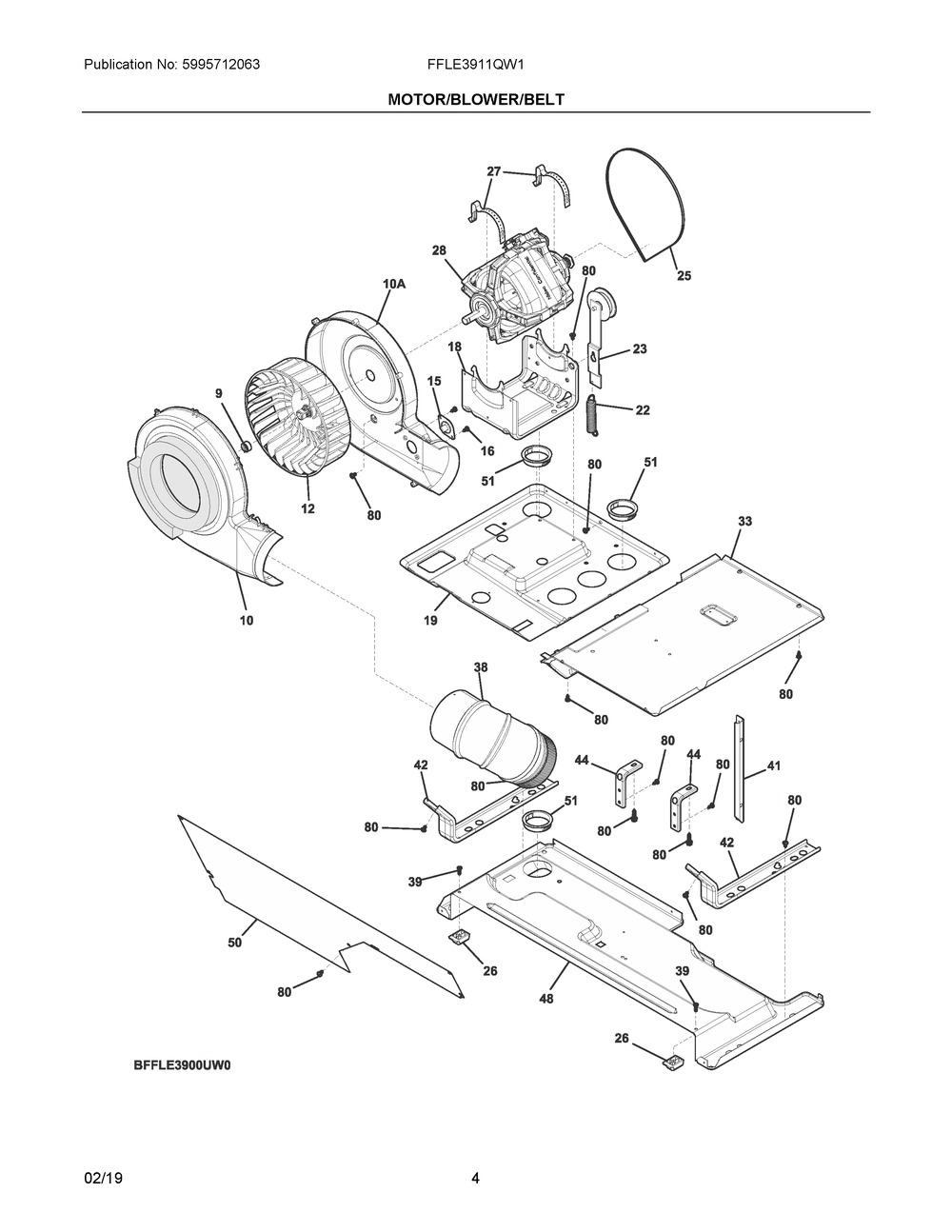 Motor/blower/belt Diagram and Parts List for FFLE3911QW1  Frigidaire Washer Dryer Combo