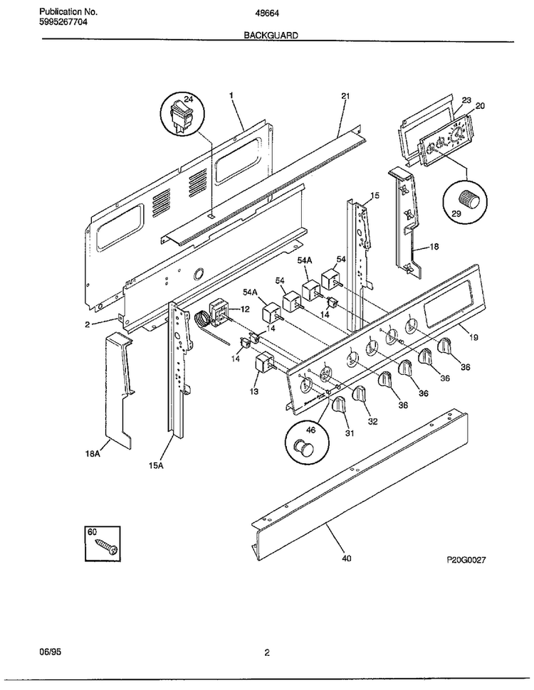Backguard Diagram and Parts List for 486647B  Frigidaire Range