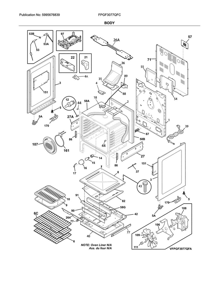 Body Diagram and Parts List for FPGF3077QFC  Frigidaire Range