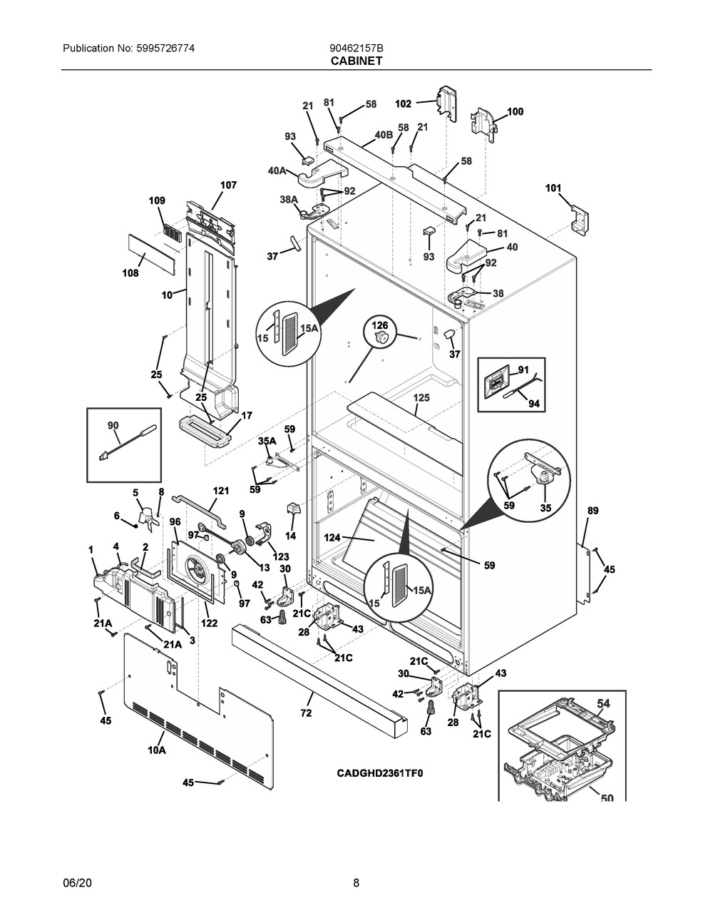Cabinet Diagram and Parts List for 90462157B  Frigidaire Refrigerator