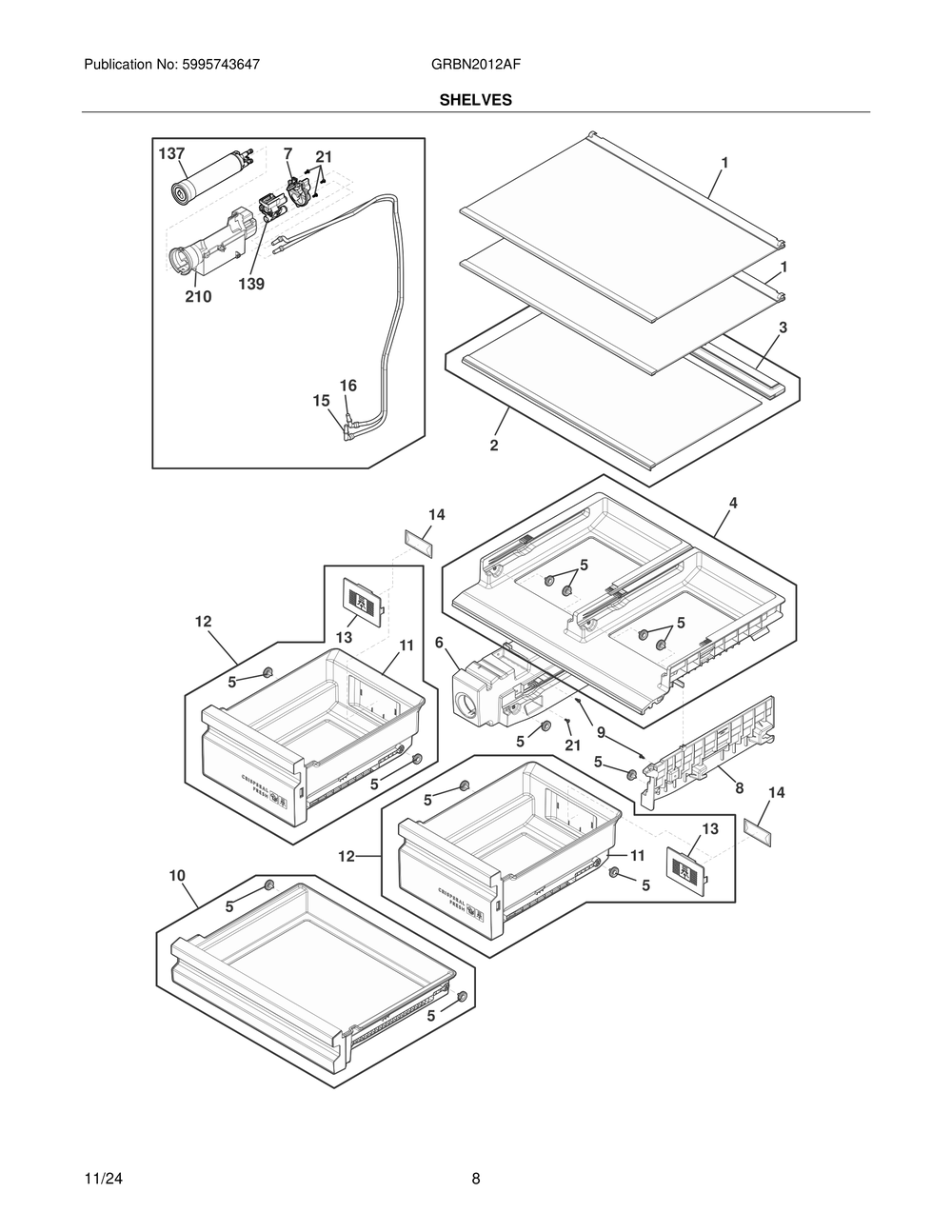 Shelves Diagram and Parts List for GRBN2012AF  Frigidaire Refrigerator