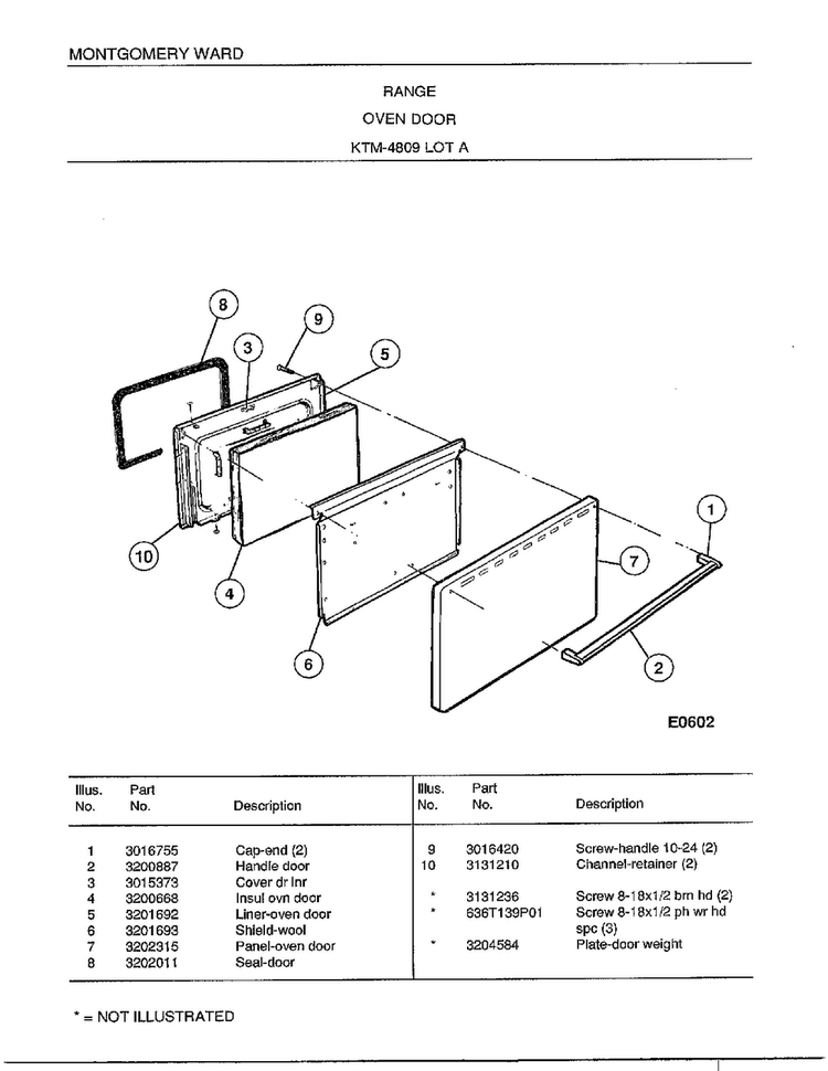Range/ Oven Door Diagram and Parts List for 4809A  Frigidaire Range