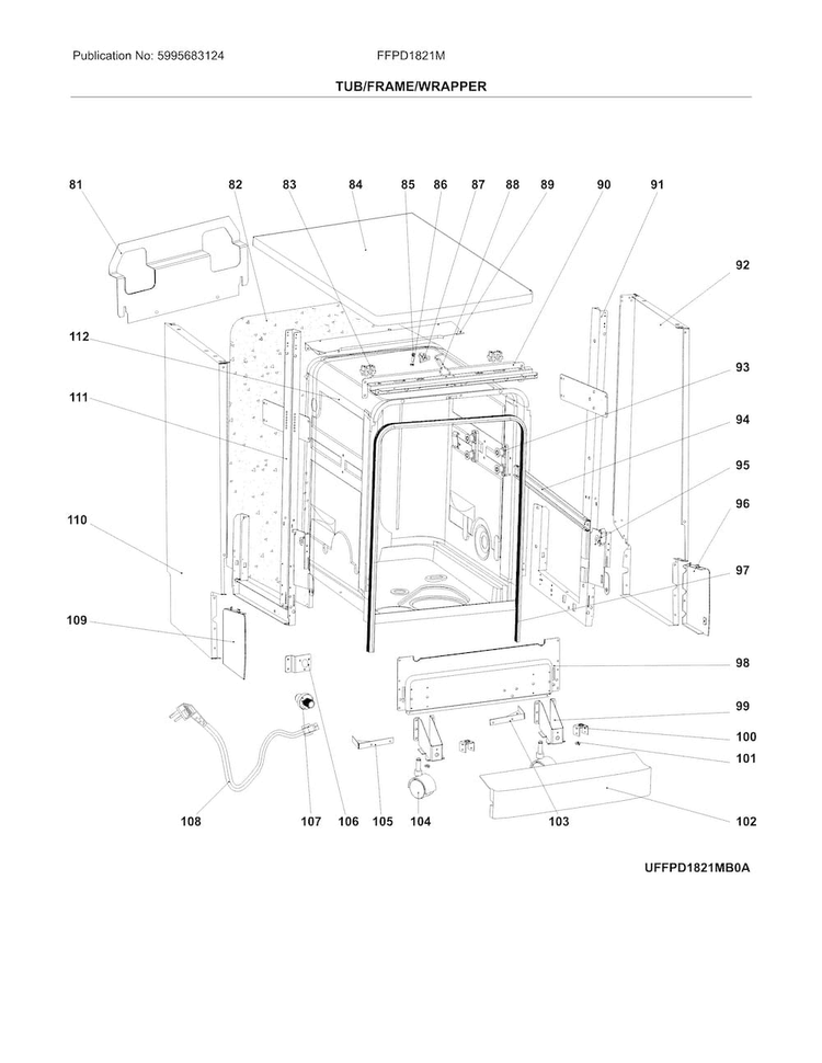 Tub/frame/wrapper Diagram and Parts List for FFPD1821MW1B  Frigidaire Dishwasher