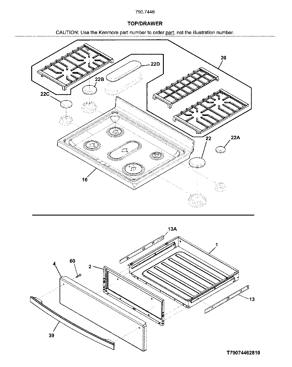 Top/drawer Diagram and Parts List for 79074463810  Kenmore Range