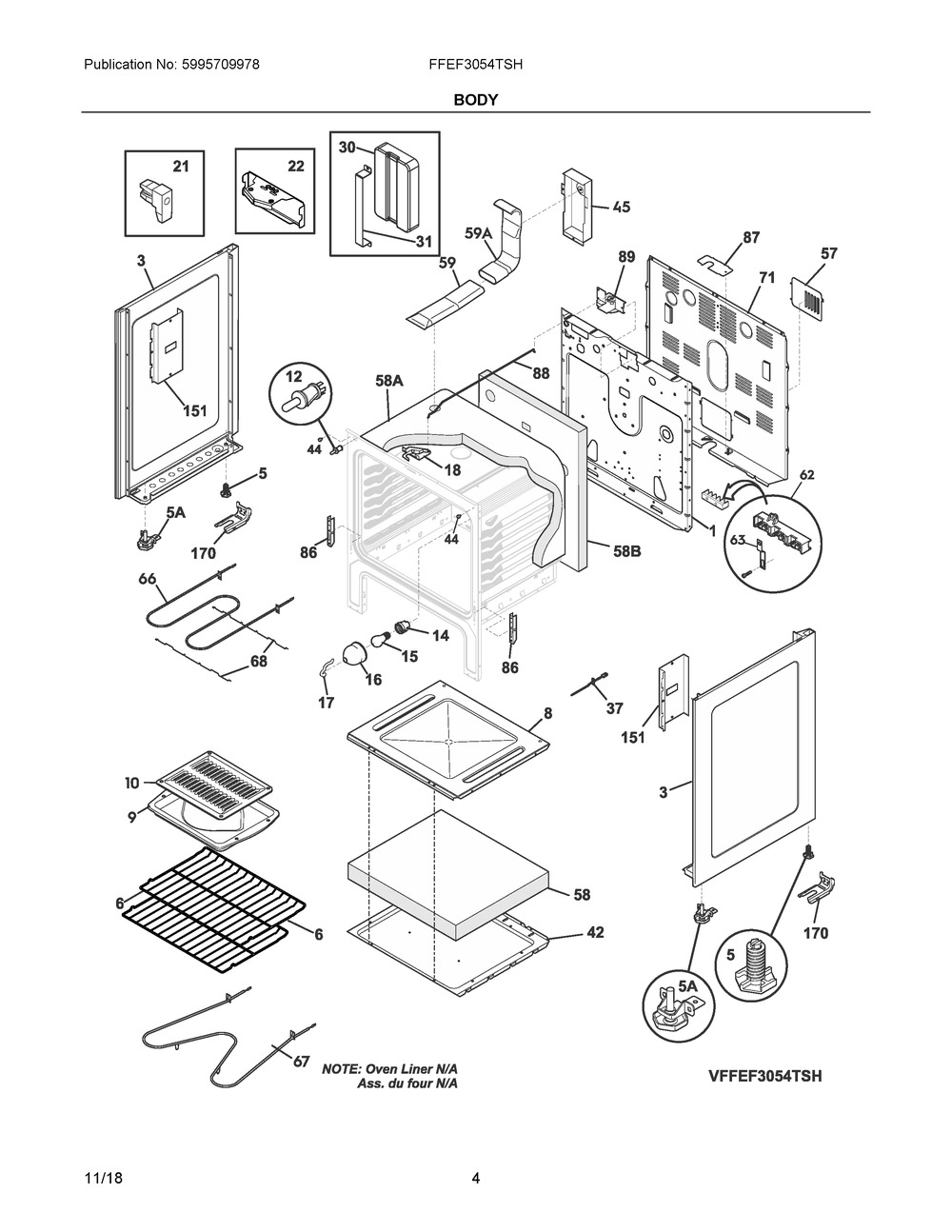 Body Diagram and Parts List for FFEF3054TSH  Frigidaire Range