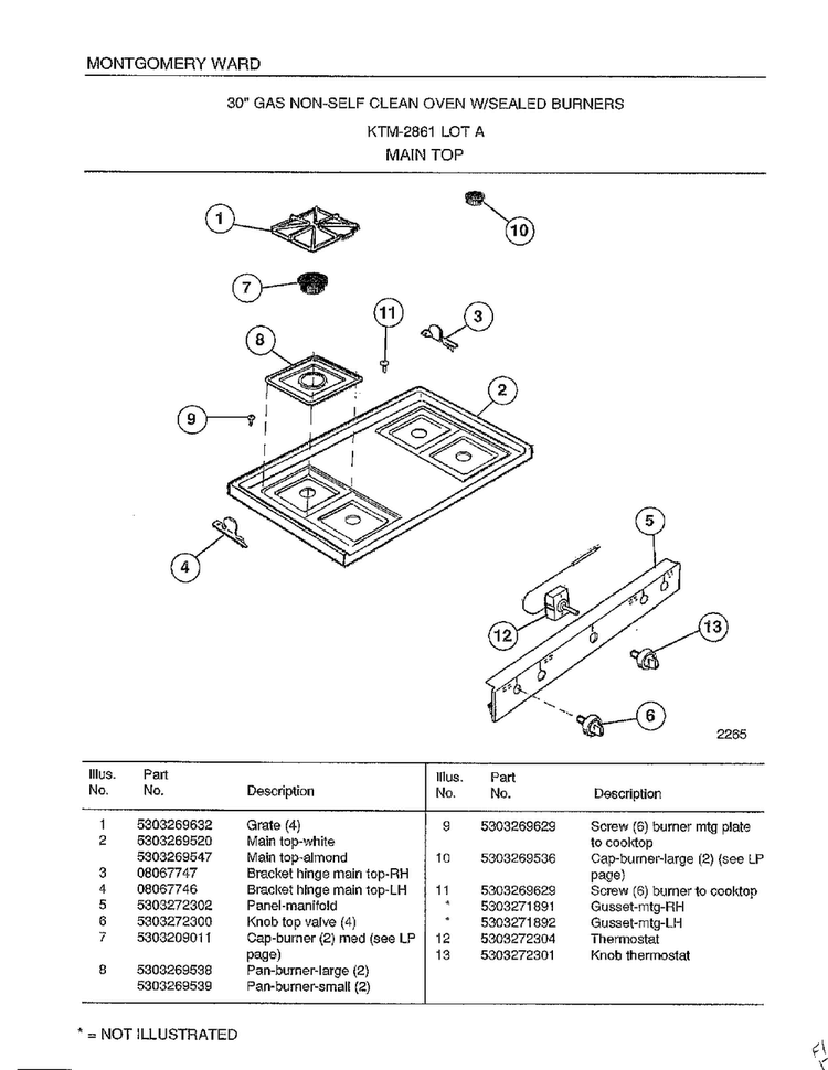 Main Top Diagram and Parts List for 2861A  Frigidaire Range