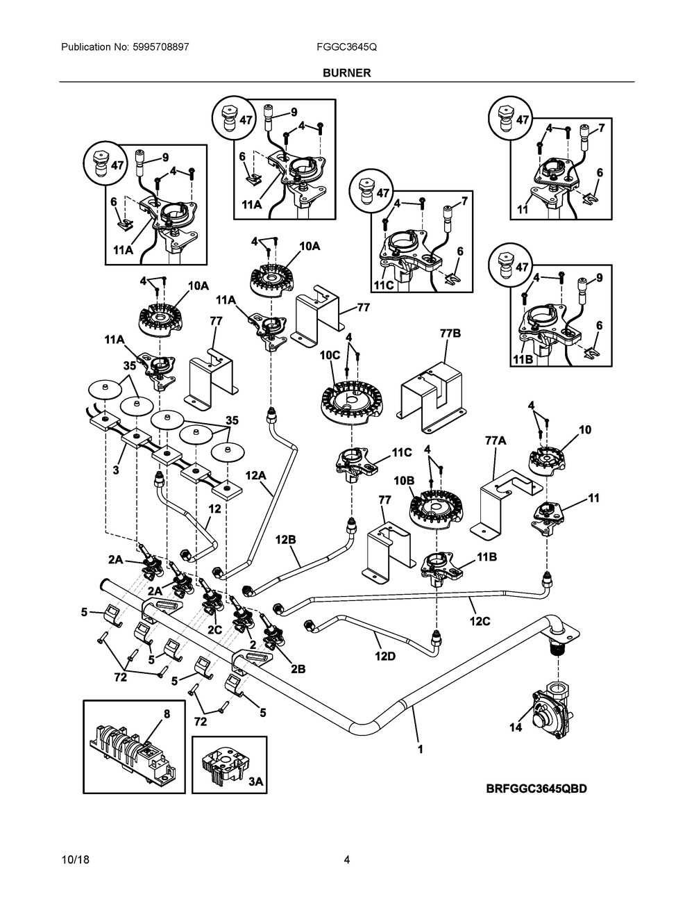 Burner Diagram and Parts List for FGGC3645QBD  Frigidaire Cooktop
