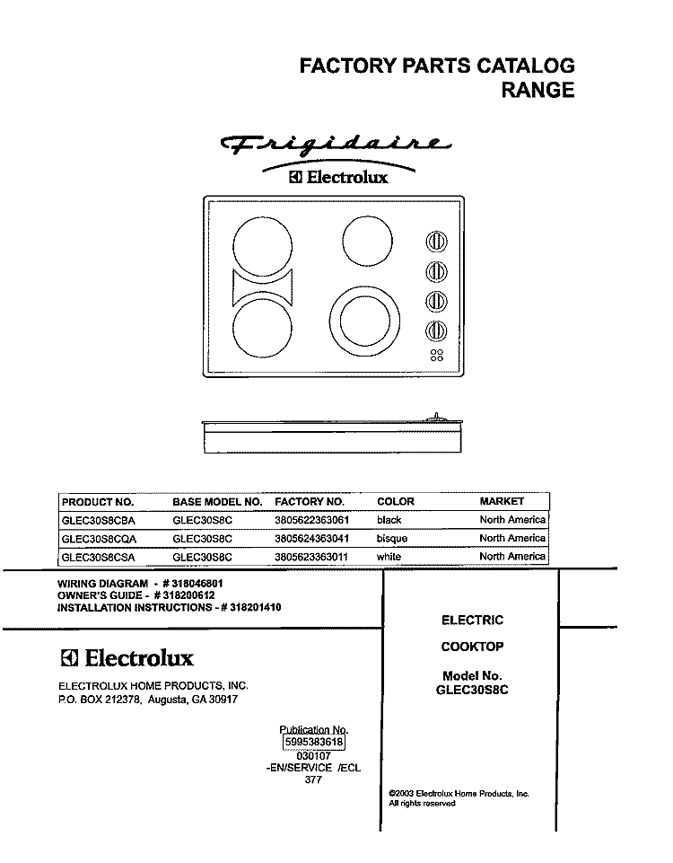 COVER Diagram and Parts List for GLEC30S8CBA  Frigidaire Cooktop
