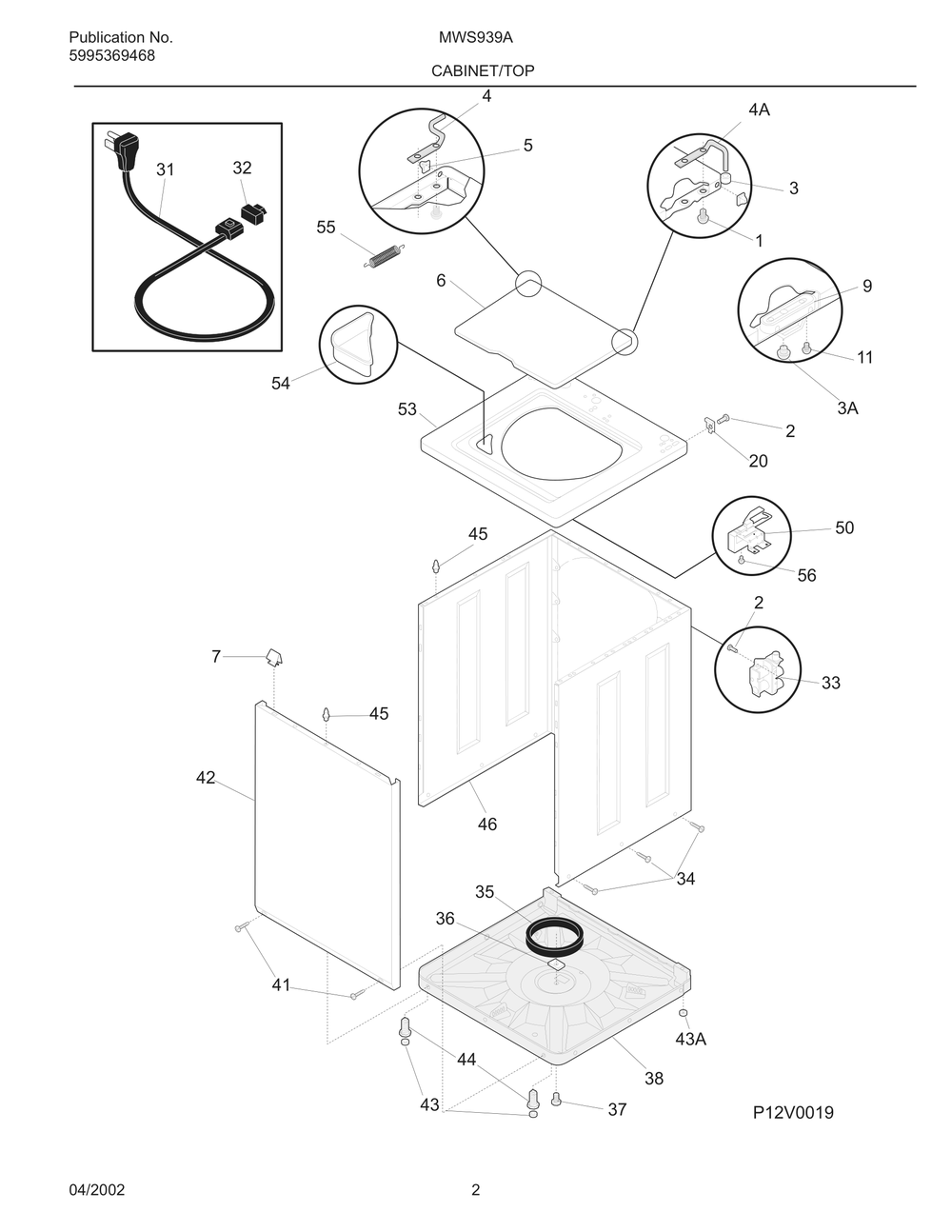 Cabinet/Top Diagram and Parts List for MWS939AQ0  Frigidaire Washer