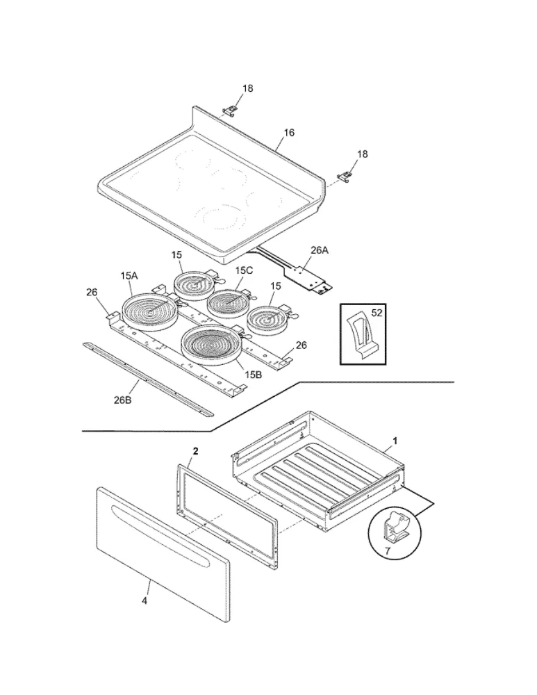 Top/Drawer Diagram and Parts List for 79094359701  Kenmore Range