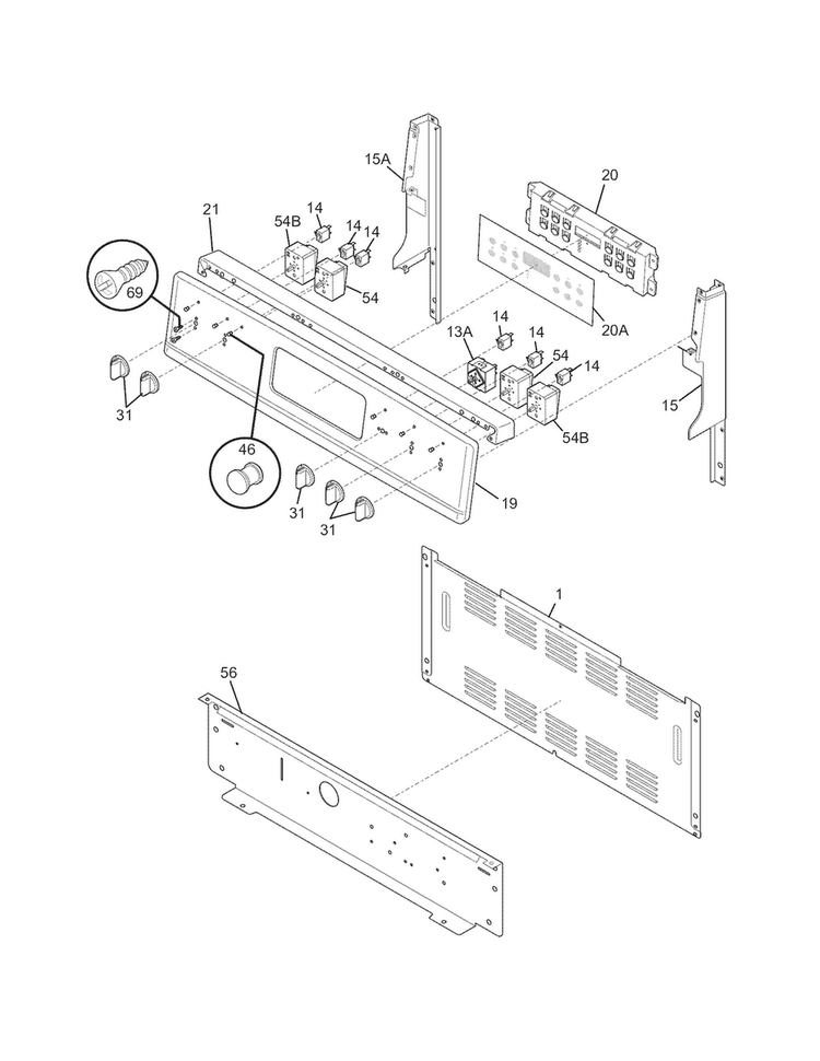 Backguard Diagram and Parts List for FGEF3041KFM  Frigidaire Range