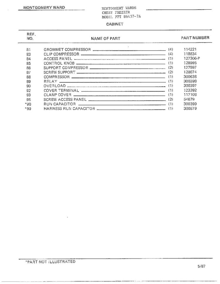 Cabinet Page 3 Diagram and Parts List for 86457-7A  Frigidaire Freezer