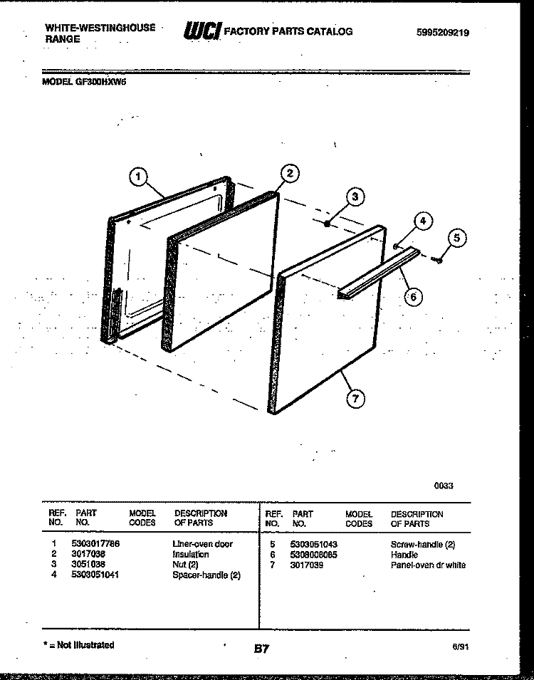 DOOR PARTS Diagram and Parts List for GF300HXW5  Frigidaire Range