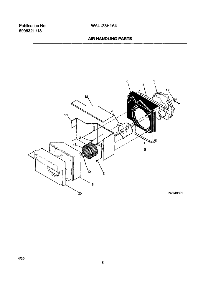 AIR HANDLING PARTS Diagram and Parts List for WAL123H1A4  Frigidaire Air Conditioner
