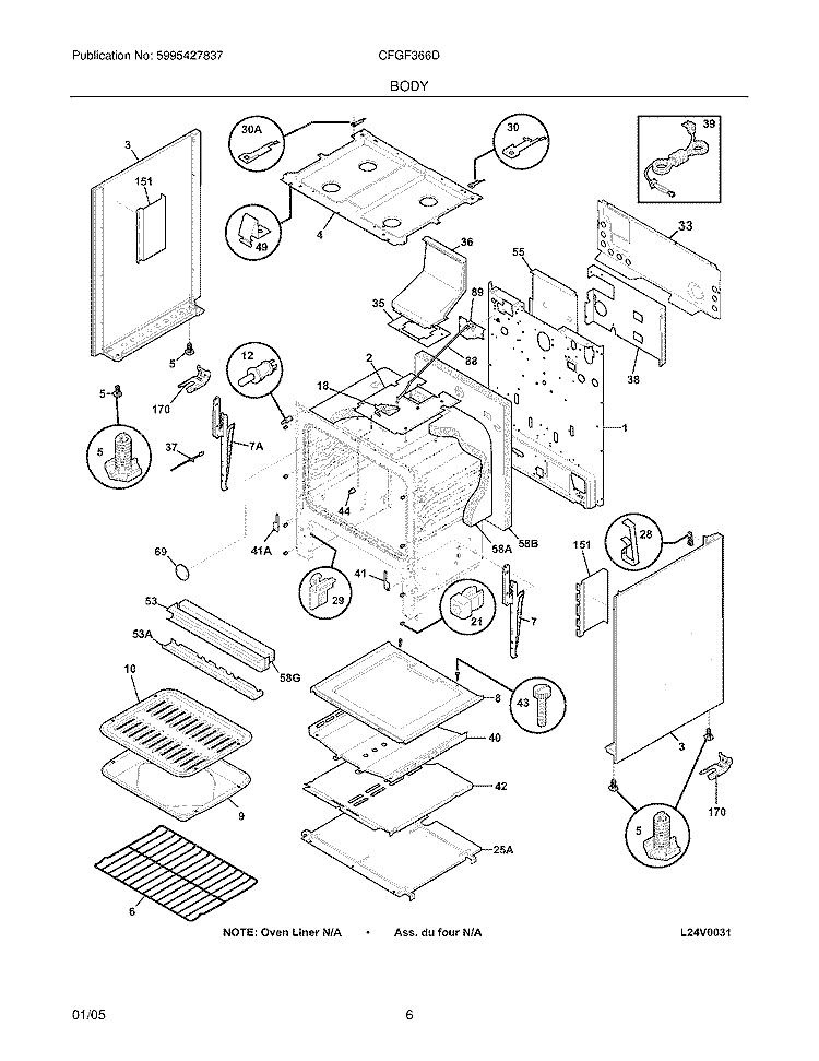 BODY Diagram and Parts List for CFGF366DBB  Frigidaire Range