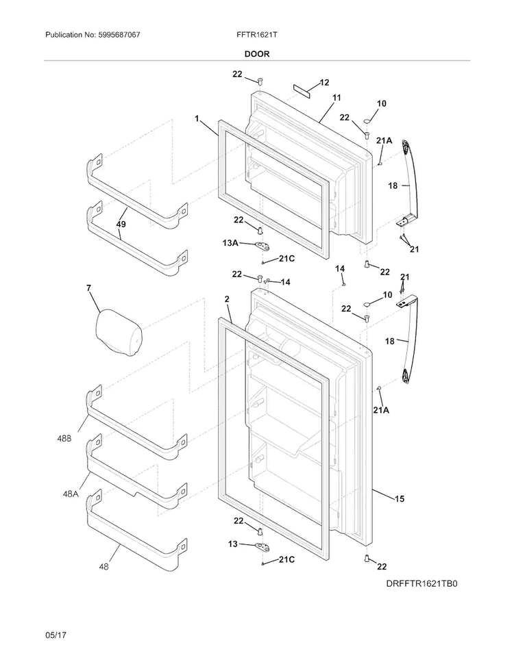 Door Diagram and Parts List for FFTR1621TB0  Frigidaire Refrigerator