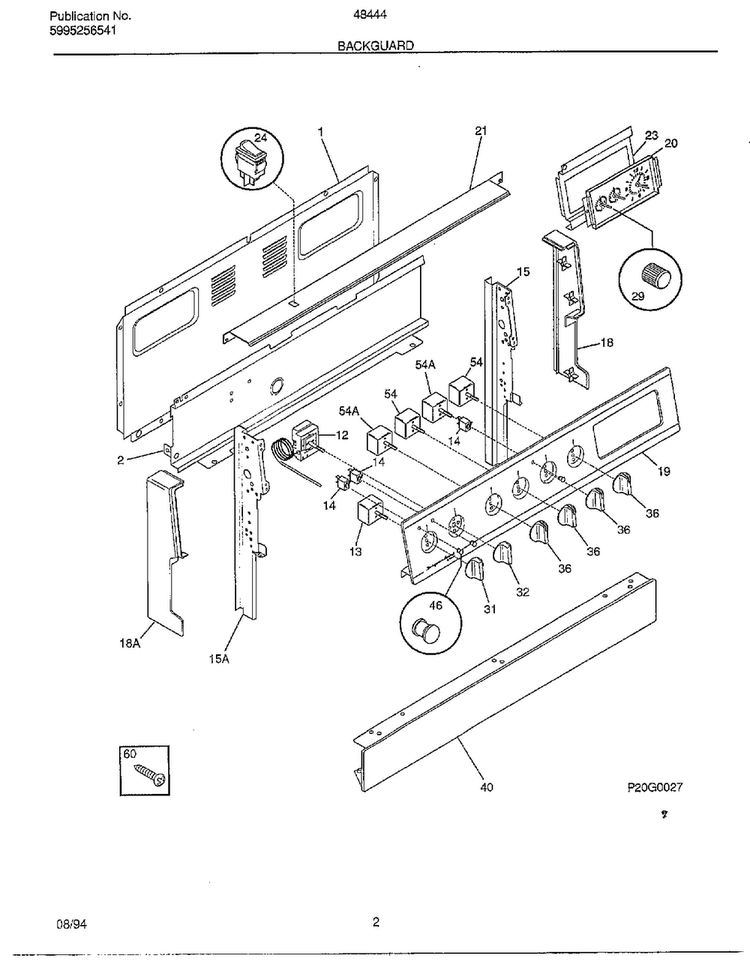 Backguard Diagram and Parts List for 484440A  Frigidaire Range