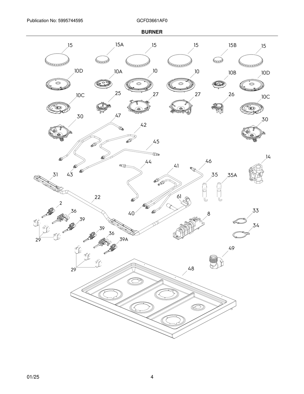 Burner Diagram and Parts List for GCFD3661AF0  Frigidaire Range