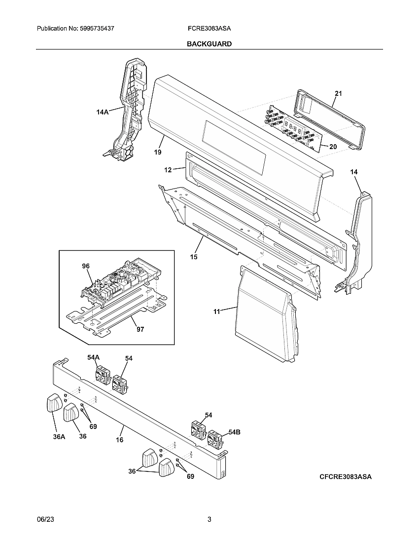 Backguard Diagram and Parts List for FCRE3083ASA  Electrolux Range
