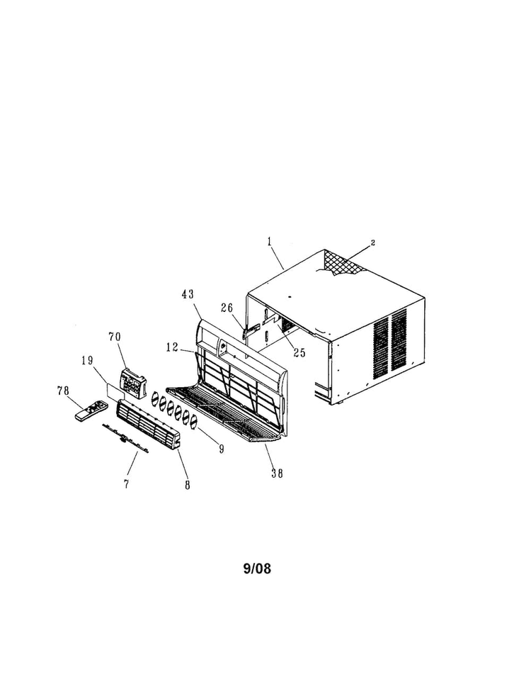 Cabinet Front & Wrapper Diagram and Parts List for 25370186001  Kenmore Air Conditioner