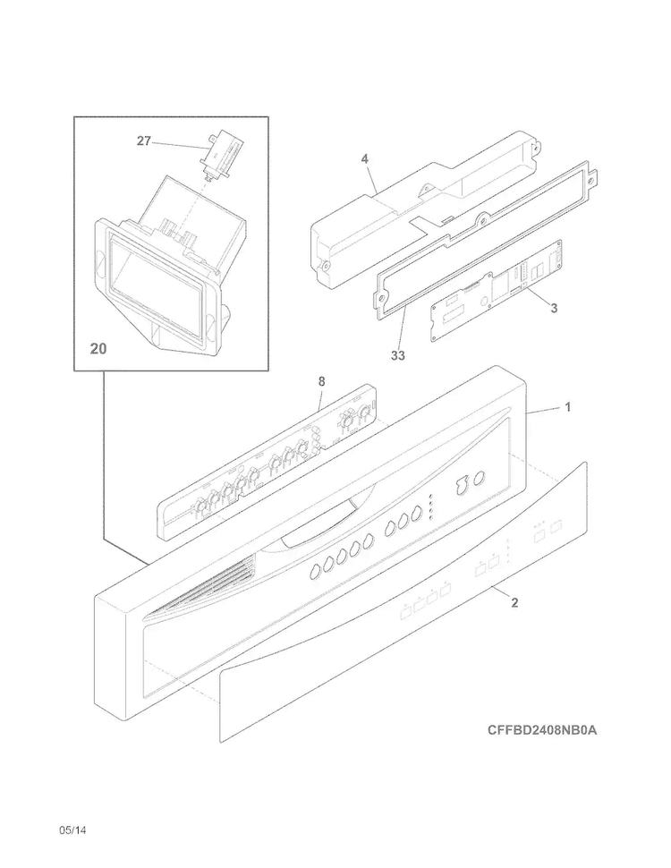 Control Panel Diagram and Parts List for FFBD2408NS1A  Frigidaire Dishwasher