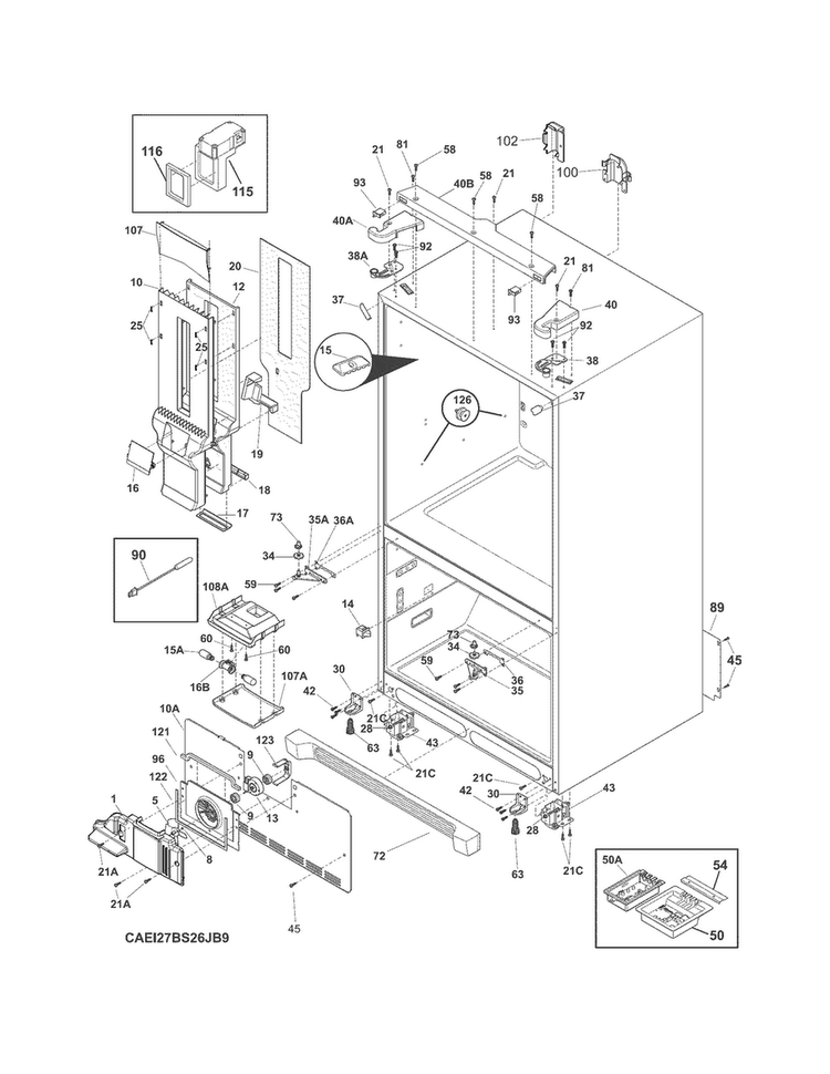 Cabinet Diagram and Parts List for EI27BS26JBC  Frigidaire Refrigerator