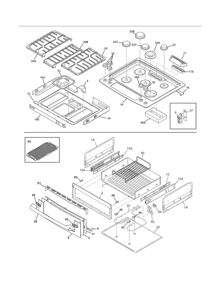 Top/drawer Diagram and Parts List for EW30GS75KSB  Electrolux Range