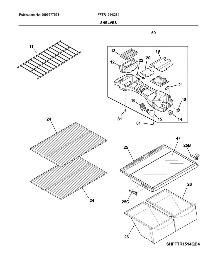 Shelves Diagram and Parts List for FFTR1514QB4  Frigidaire Refrigerator