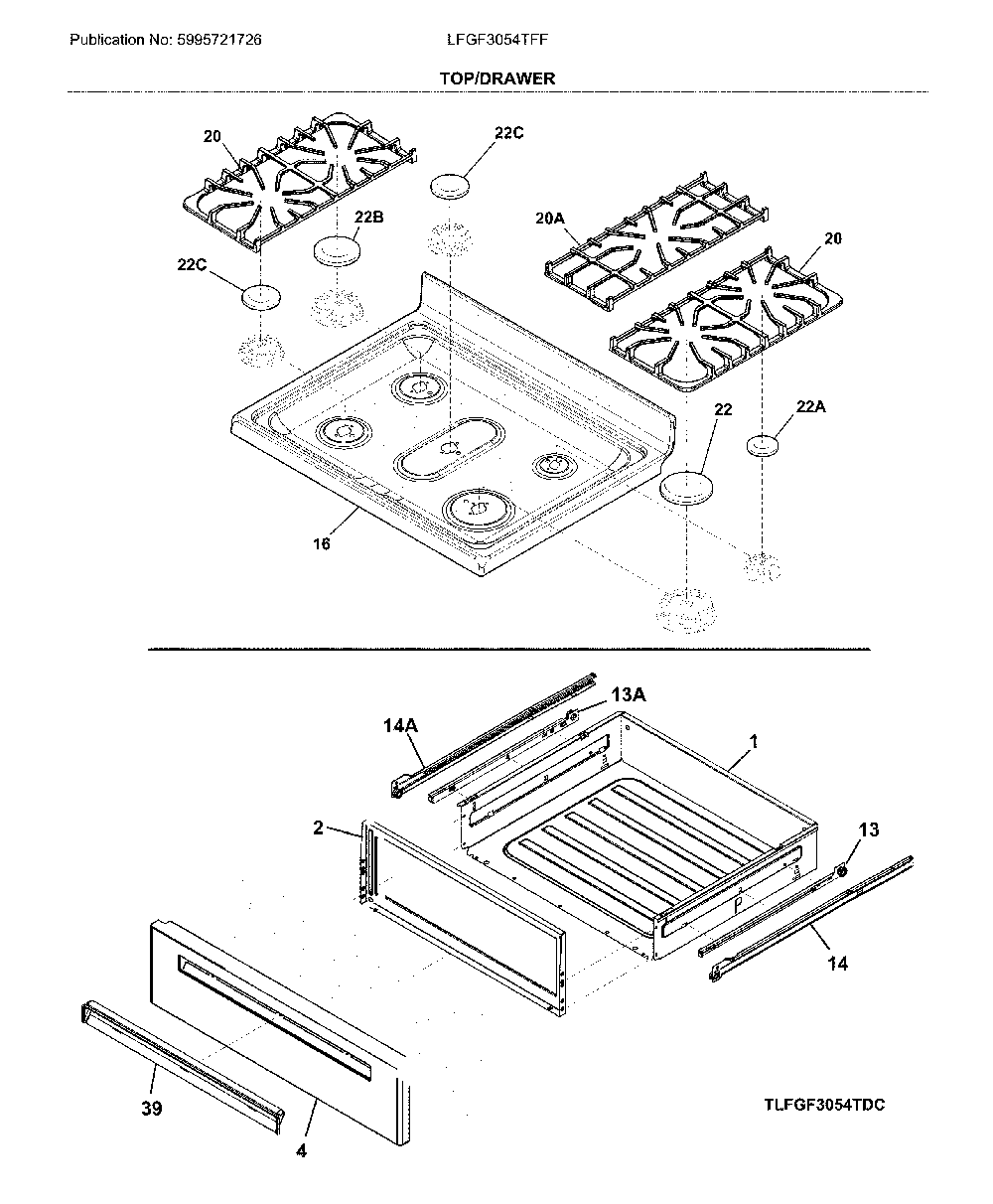 Top/drawer Diagram and Parts List for LFGF3054TFF  Frigidaire Range