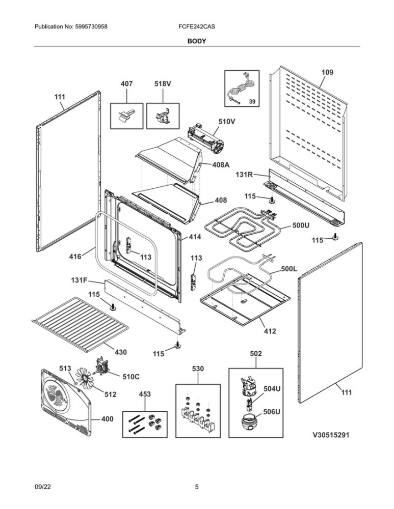Body Diagram and Parts List for FCFE242CAS  Frigidaire Range