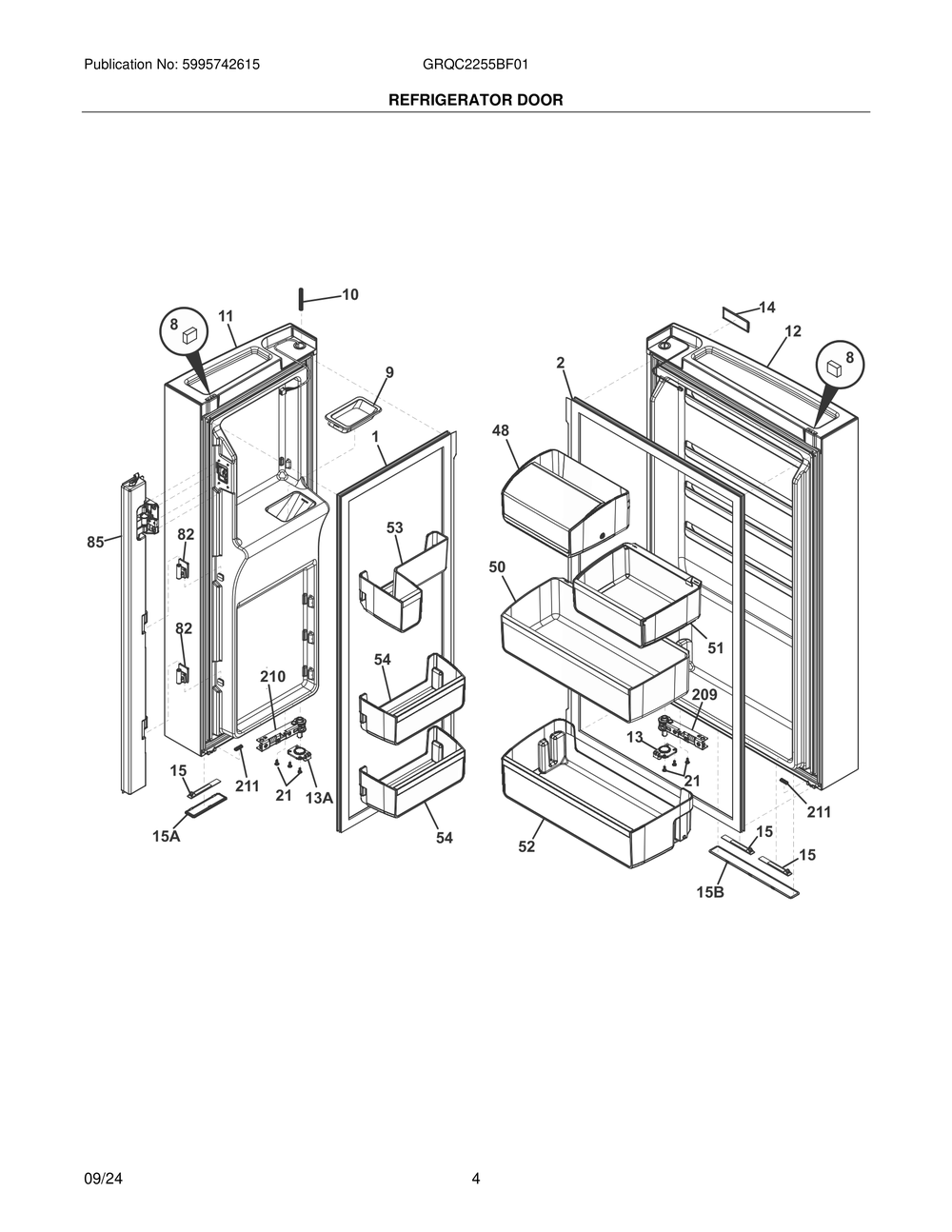 Refrigerator Door Diagram and Parts List for GRQC2255BF01  Frigidaire Refrigerator